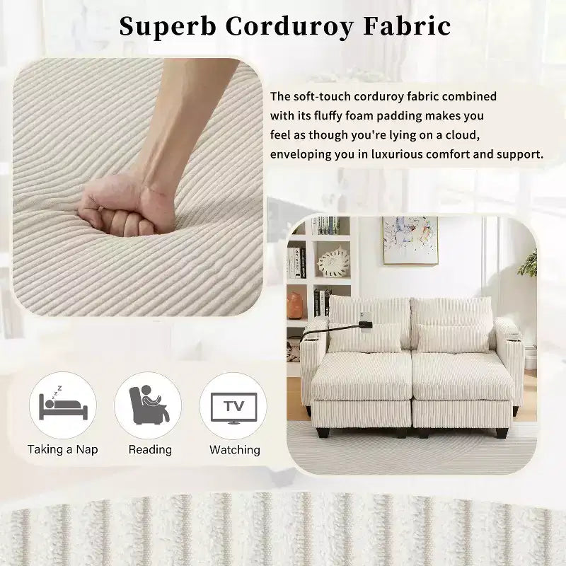 MAYEERTY Convertible Chaise Loveseat Sofa Bed Corduroy Sleeper Sofa with Ports Two Cup Holders for Living Room Beige
