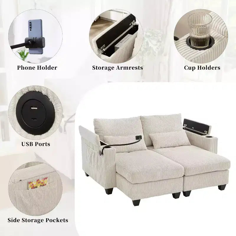 MAYEERTY Convertible Chaise Loveseat Sofa Bed Corduroy Sleeper Sofa with Ports Two Cup Holders for Living Room Beige