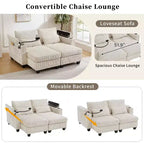 MAYEERTY Convertible Chaise Loveseat Sofa Bed Corduroy Sleeper Sofa with Ports Two Cup Holders for Living Room Beige