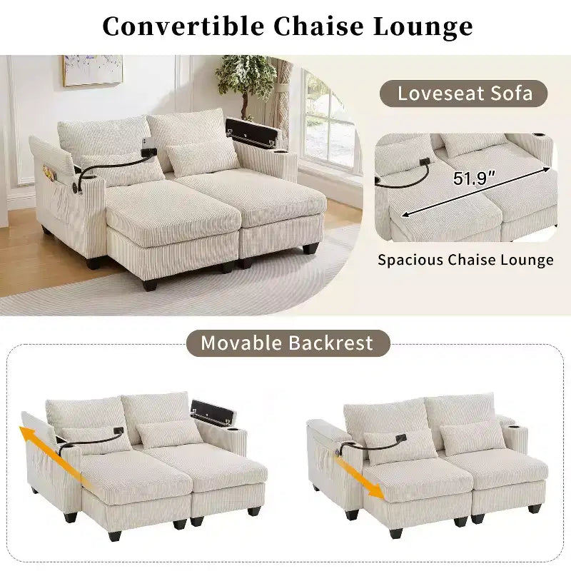 MAYEERTY Convertible Chaise Loveseat Sofa Bed Corduroy Sleeper Sofa with Ports Two Cup Holders for Living Room Beige