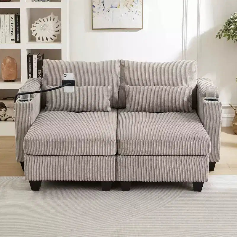 MAYEERTY Convertible Chaise Loveseat Sofa Bed Corduroy Sleeper Sofa with Ports Two Cup Holders for Living Room Brown