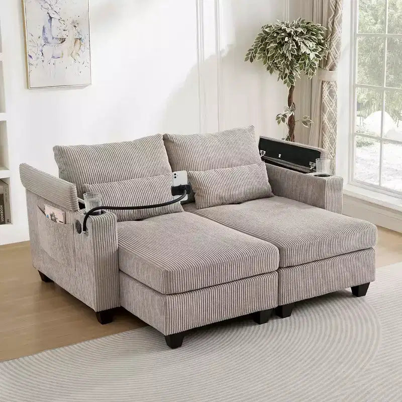 MAYEERTY Convertible Chaise Loveseat Sofa Bed Corduroy Sleeper Sofa with Ports Two Cup Holders for Living Room Brown