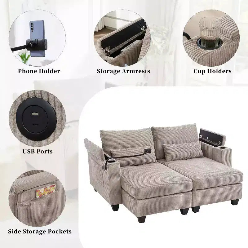 MAYEERTY Convertible Chaise Loveseat Sofa Bed Corduroy Sleeper Sofa with Ports Two Cup Holders for Living Room Brown