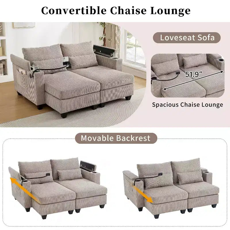 MAYEERTY Convertible Chaise Loveseat Sofa Bed Corduroy Sleeper Sofa with Ports Two Cup Holders for Living Room Brown