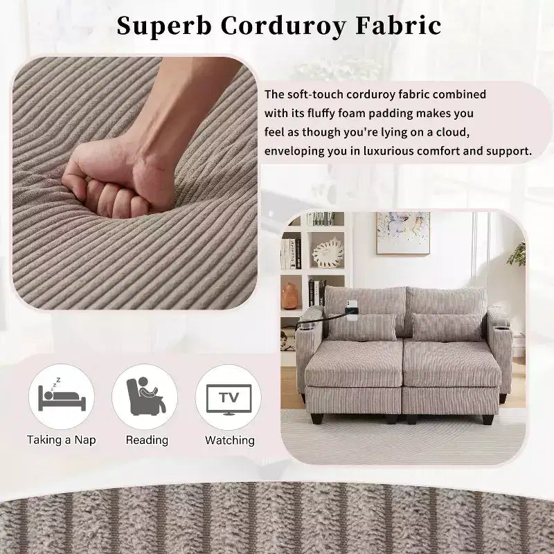 MAYEERTY Convertible Chaise Loveseat Sofa Bed Corduroy Sleeper Sofa with Ports Two Cup Holders for Living Room Brown