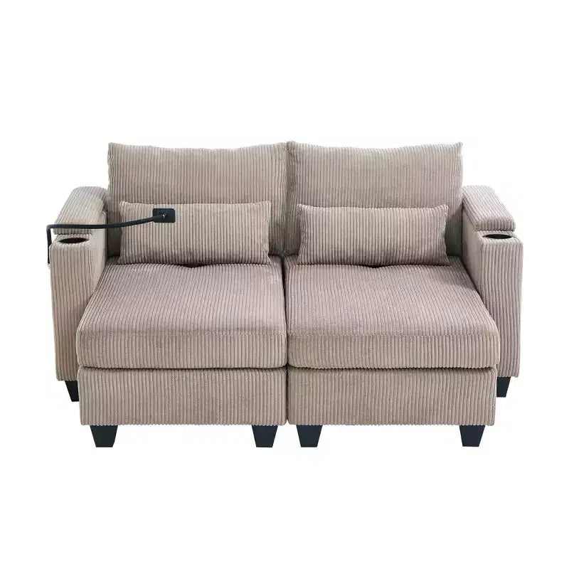 MAYEERTY Convertible Chaise Loveseat Sofa Bed Corduroy Sleeper Sofa with Ports Two Cup Holders for Living Room Brown