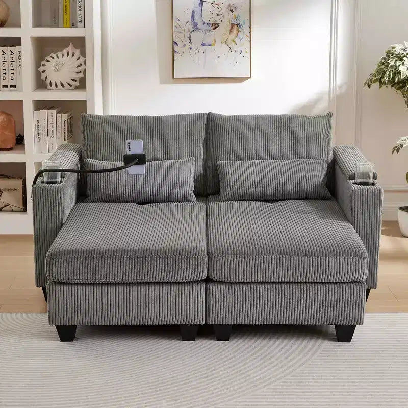 MAYEERTY Convertible Chaise Loveseat Sofa Bed Corduroy Sleeper Sofa with Ports Two Cup Holders for Living Room Gray