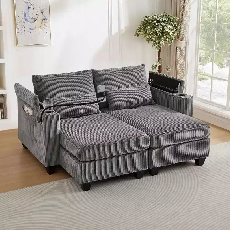 MAYEERTY Convertible Chaise Loveseat Sofa Bed Corduroy Sleeper Sofa with Ports Two Cup Holders for Living Room Gray