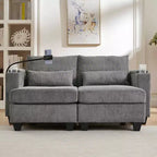 MAYEERTY Convertible Chaise Loveseat Sofa Bed Corduroy Sleeper Sofa with Ports Two Cup Holders for Living Room Gray