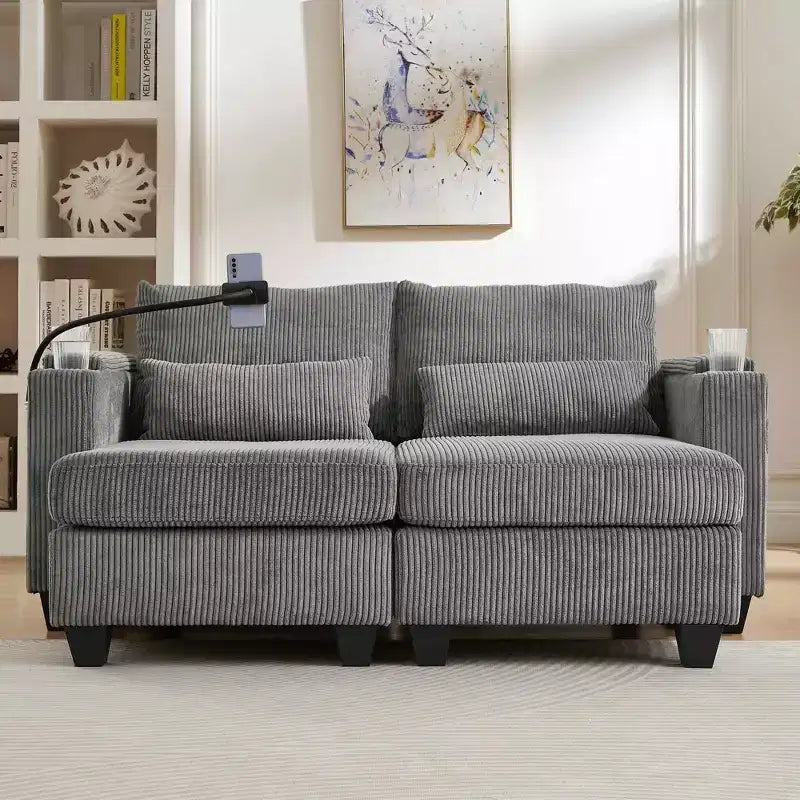 MAYEERTY Convertible Chaise Loveseat Sofa Bed Corduroy Sleeper Sofa with Ports Two Cup Holders for Living Room Gray