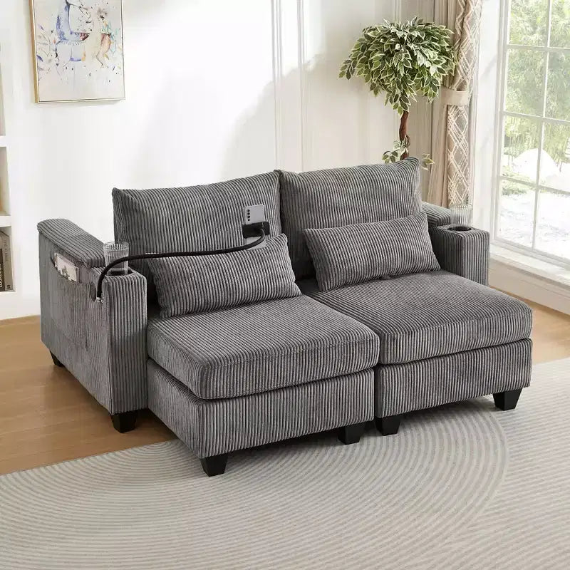 MAYEERTY Convertible Chaise Loveseat Sofa Bed Corduroy Sleeper Sofa with Ports Two Cup Holders for Living Room Gray