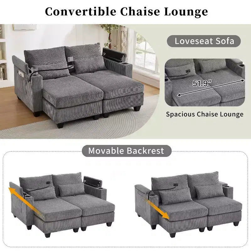 MAYEERTY Convertible Chaise Loveseat Sofa Bed Corduroy Sleeper Sofa with Ports Two Cup Holders for Living Room Gray