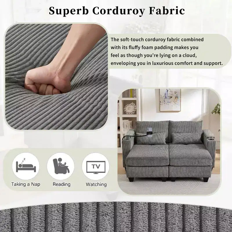 MAYEERTY Convertible Chaise Loveseat Sofa Bed Corduroy Sleeper Sofa with Ports Two Cup Holders for Living Room Gray