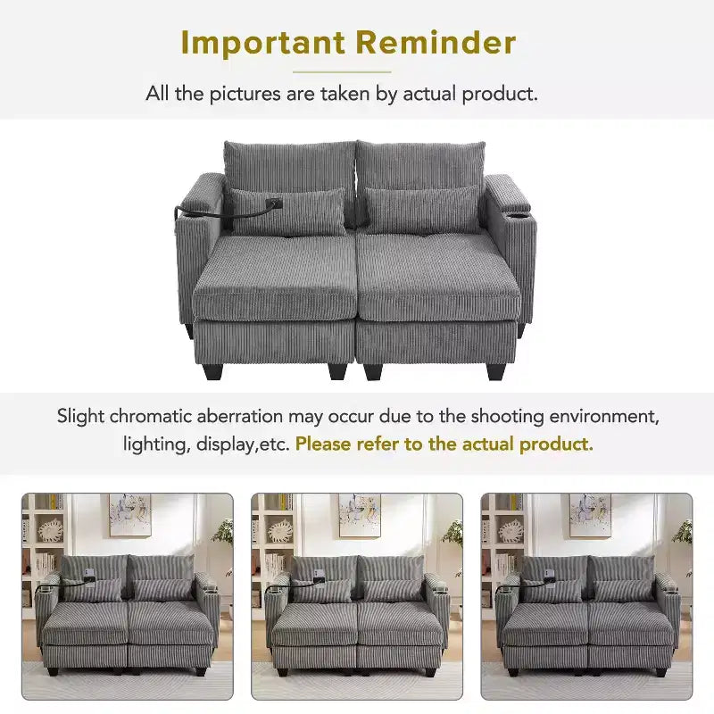 MAYEERTY Convertible Chaise Loveseat Sofa Bed Corduroy Sleeper Sofa with Ports Two Cup Holders for Living Room Gray