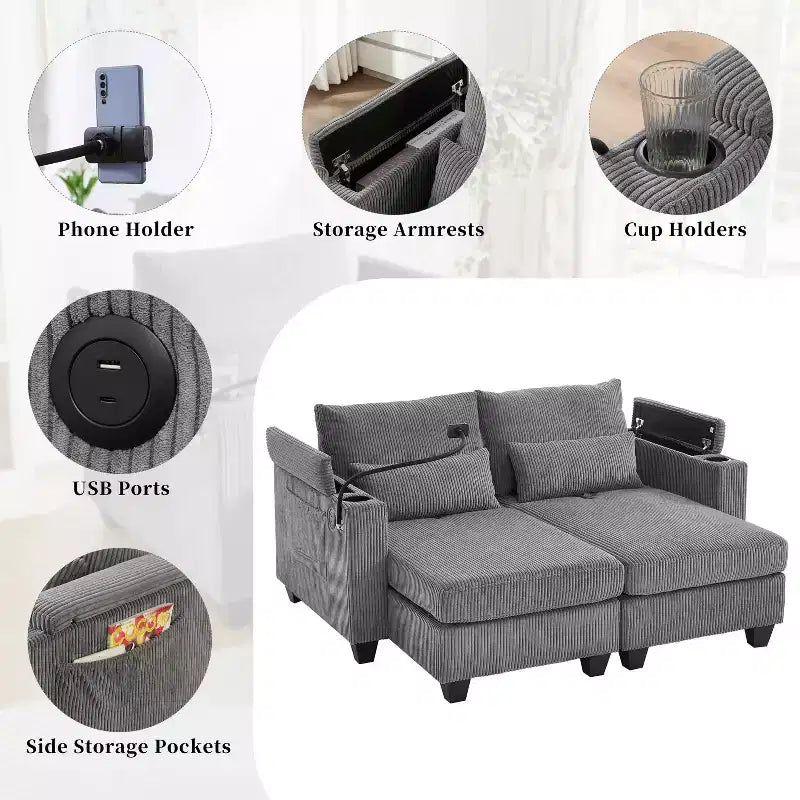 MAYEERTY Convertible Chaise Loveseat Sofa Bed Corduroy Sleeper Sofa with Ports Two Cup Holders for Living Room Gray