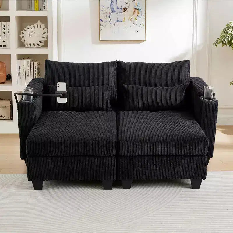 MAYEERTY Convertible Chaise Loveseat Sofa Bed Corduroy Sleeper Sofa with Ports Two Cup Holders for Living Room Black