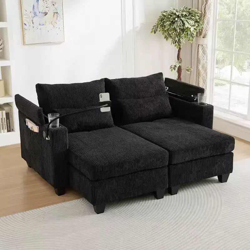 MAYEERTY Convertible Chaise Loveseat Sofa Bed Corduroy Sleeper Sofa with Ports Two Cup Holders for Living Room Black