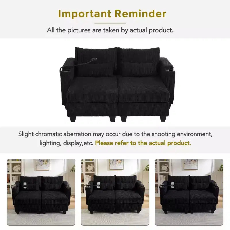 MAYEERTY Convertible Chaise Loveseat Sofa Bed Corduroy Sleeper Sofa with Ports Two Cup Holders for Living Room Black