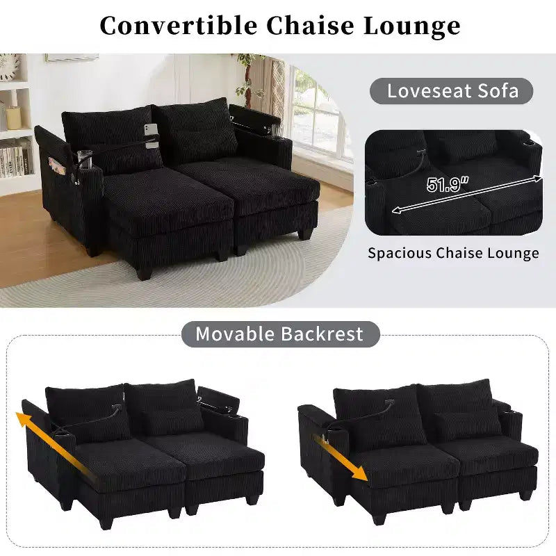 MAYEERTY Convertible Chaise Loveseat Sofa Bed Corduroy Sleeper Sofa with Ports Two Cup Holders for Living Room Black