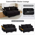 MAYEERTY Convertible Chaise Loveseat Sofa Bed Corduroy Sleeper Sofa with Ports Two Cup Holders for Living Room Black