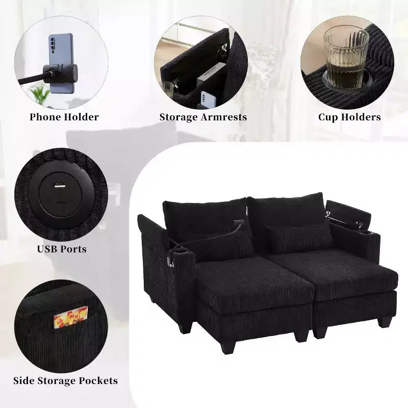 MAYEERTY Convertible Chaise Loveseat Sofa Bed Corduroy Sleeper Sofa with Ports Two Cup Holders for Living Room Black