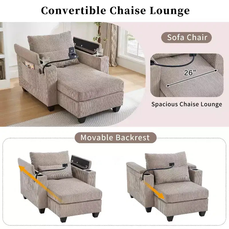 MAYEERTY Canapé convertible en velours côtelé avec ports, porte-gobelets et grand espace de rangement pour salon, marron