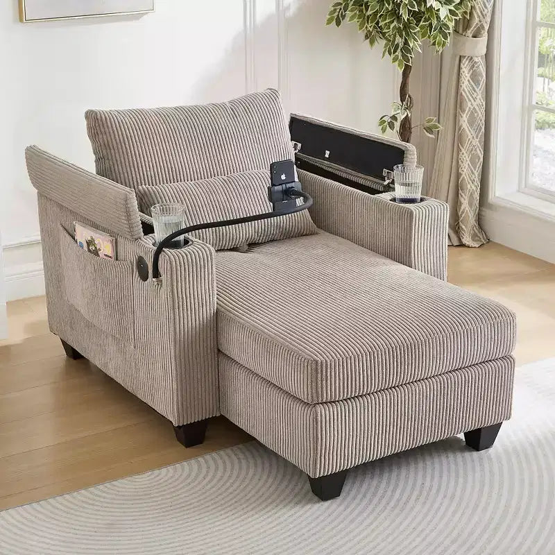 MAYEERTY Canapé convertible en velours côtelé avec ports, porte-gobelets et grand espace de rangement pour salon, marron