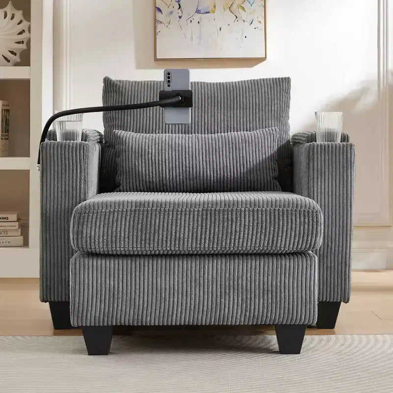 MAYEERTY Convertible Chaise Sofa Bed Corduroy Sleeper Sofa with Ports Cup Holders Ample Storage Space for Living Room Gray
