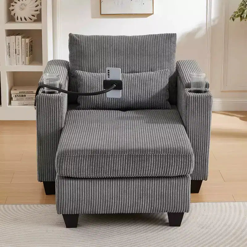 MAYEERTY Convertible Chaise Sofa Bed Corduroy Sleeper Sofa with Ports Cup Holders Ample Storage Space for Living Room Gray