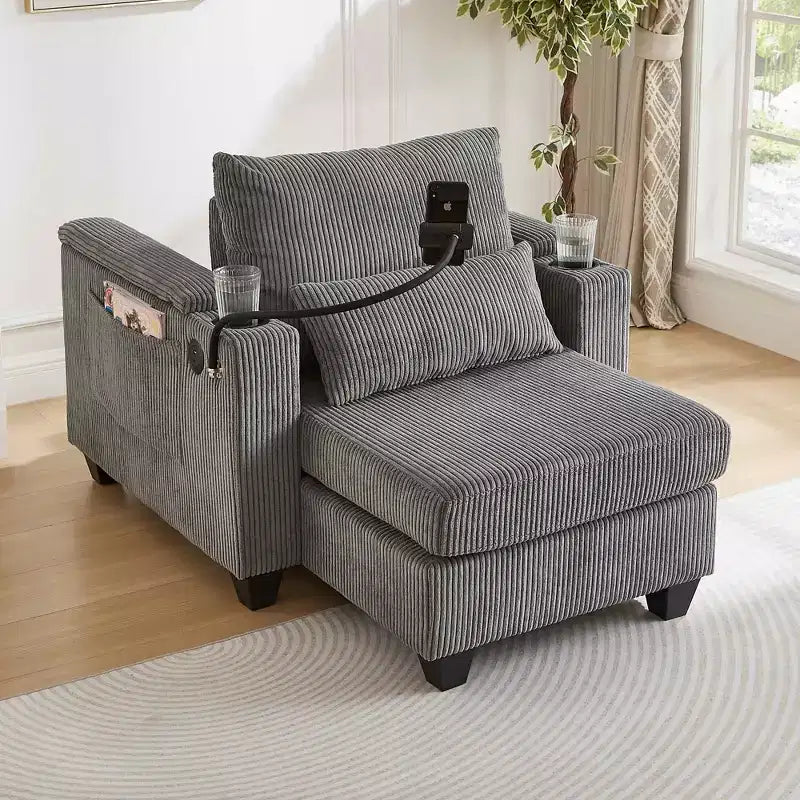 MAYEERTY Convertible Chaise Sofa Bed Corduroy Sleeper Sofa with Ports Cup Holders Ample Storage Space for Living Room Gray