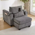 MAYEERTY Convertible Chaise Sofa Bed Corduroy Sleeper Sofa with Ports Cup Holders Ample Storage Space for Living Room Gray