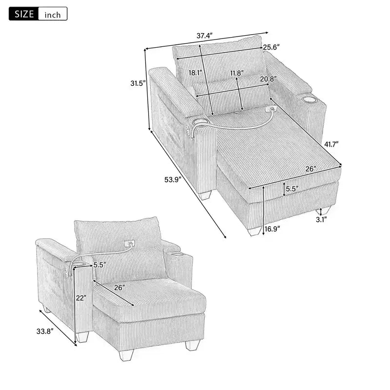 MAYEERTY Convertible Chaise Sofa Bed Corduroy Sleeper Sofa with Ports Cup Holders Ample Storage Space for Living Room Gray