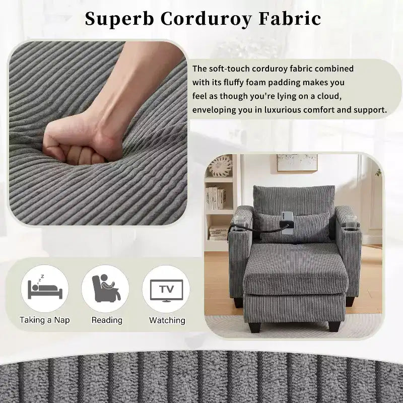 MAYEERTY Convertible Chaise Sofa Bed Corduroy Sleeper Sofa with Ports Cup Holders Ample Storage Space for Living Room Gray