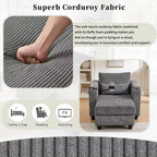 MAYEERTY Convertible Chaise Sofa Bed Corduroy Sleeper Sofa with Ports Cup Holders Ample Storage Space for Living Room Gray