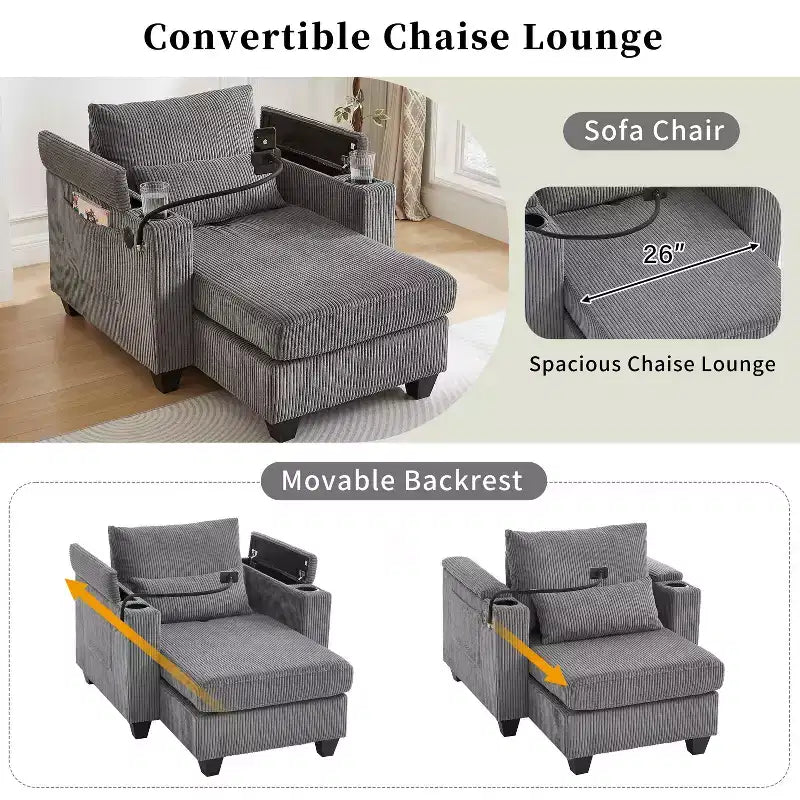 MAYEERTY Convertible Chaise Sofa Bed Corduroy Sleeper Sofa with Ports Cup Holders Ample Storage Space for Living Room Gray