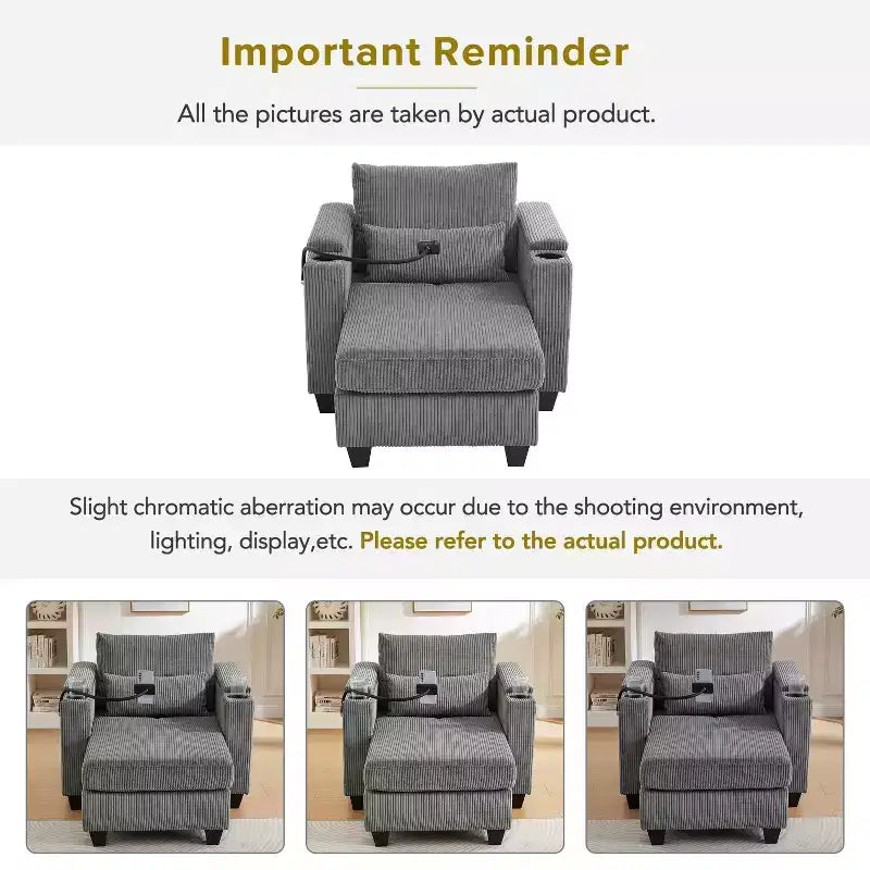 MAYEERTY Convertible Chaise Sofa Bed Corduroy Sleeper Sofa with Ports Cup Holders Ample Storage Space for Living Room Gray