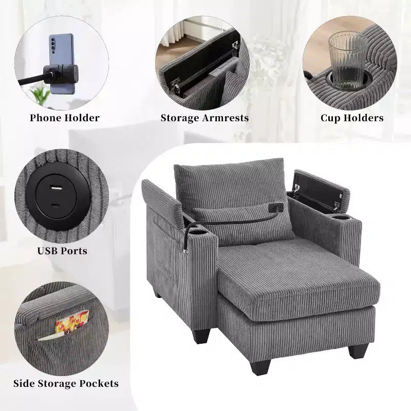 MAYEERTY Convertible Chaise Sofa Bed Corduroy Sleeper Sofa with Ports Cup Holders Ample Storage Space for Living Room Gray