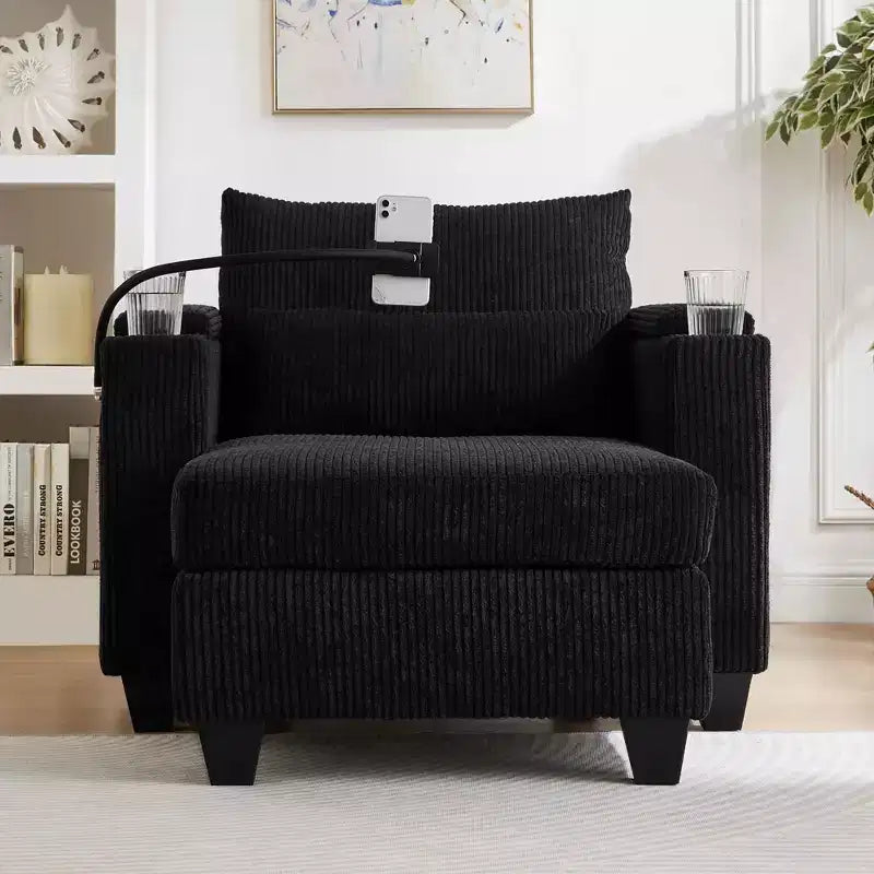 MAYEERTY Convertible Chaise Sofa Bed Corduroy Sleeper Sofa with Ports Cup Holders Ample Storage Space for Living Room Black