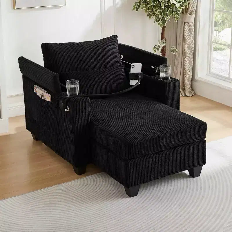 MAYEERTY Convertible Chaise Sofa Bed Corduroy Sleeper Sofa with Ports Cup Holders Ample Storage Space for Living Room Black