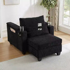 MAYEERTY Convertible Chaise Sofa Bed Corduroy Sleeper Sofa with Ports Cup Holders Ample Storage Space for Living Room Black