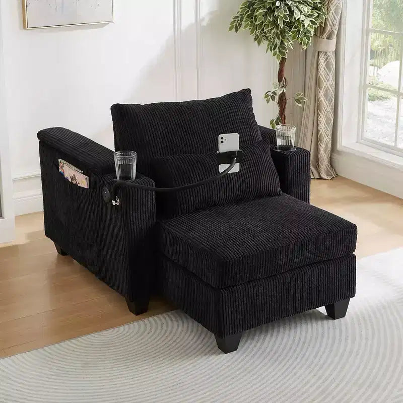 MAYEERTY Convertible Chaise Sofa Bed Corduroy Sleeper Sofa with Ports Cup Holders Ample Storage Space for Living Room Black