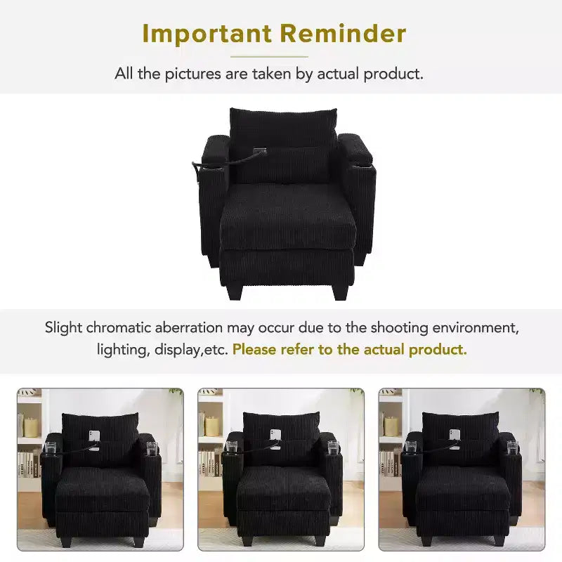 MAYEERTY Convertible Chaise Sofa Bed Corduroy Sleeper Sofa with Ports Cup Holders Ample Storage Space for Living Room Black