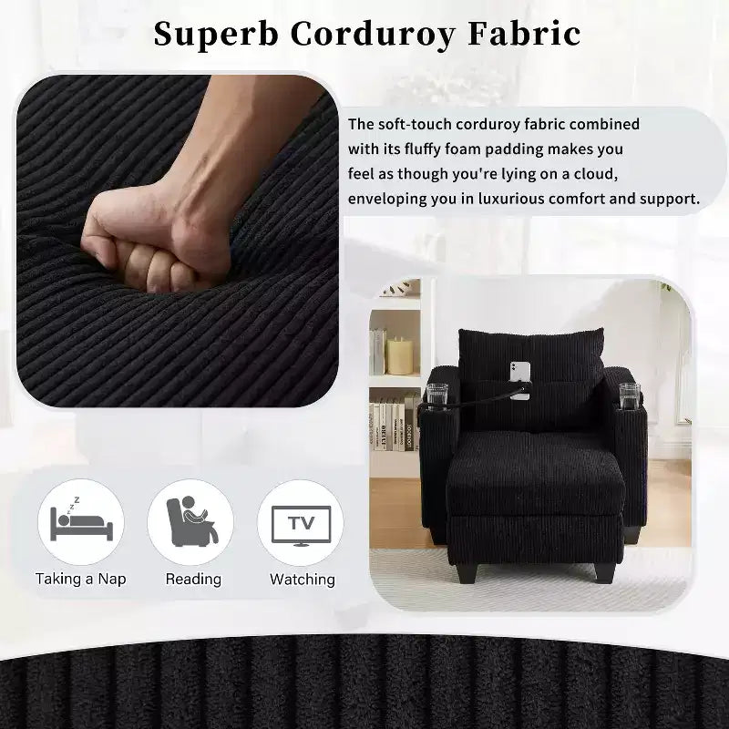 MAYEERTY Convertible Chaise Sofa Bed Corduroy Sleeper Sofa with Ports Cup Holders Ample Storage Space for Living Room Black