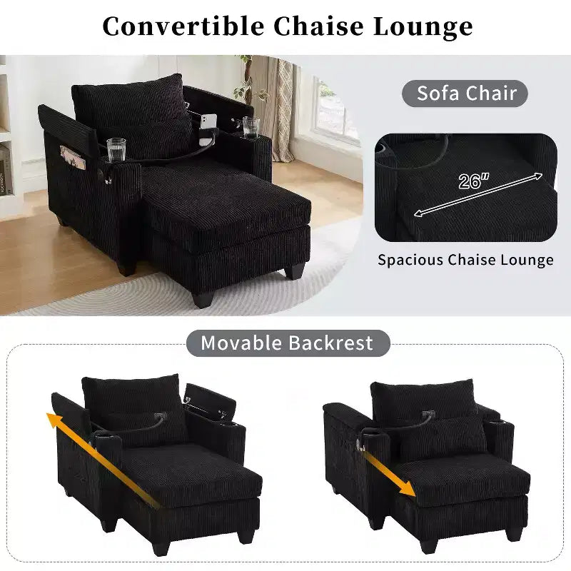 MAYEERTY Convertible Chaise Sofa Bed Corduroy Sleeper Sofa with Ports Cup Holders Ample Storage Space for Living Room Black