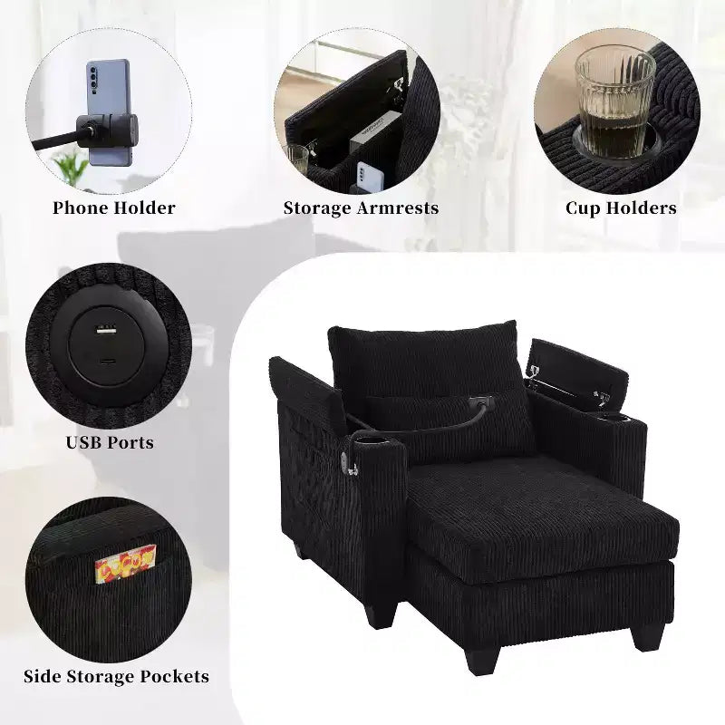 MAYEERTY Convertible Chaise Sofa Bed Corduroy Sleeper Sofa with Ports Cup Holders Ample Storage Space for Living Room Black