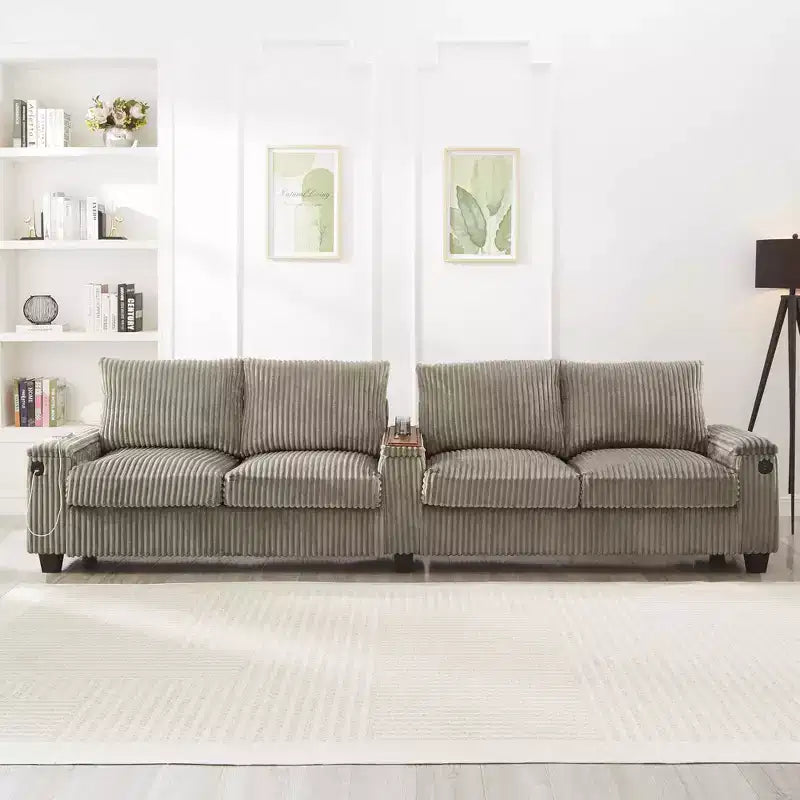 MAYEERTY 4 Seater Corduroy Sofa Couch 133 Modern Sofa with Ports Hidden Storage Arms Flip Top Cup Holders for Living Room Brown