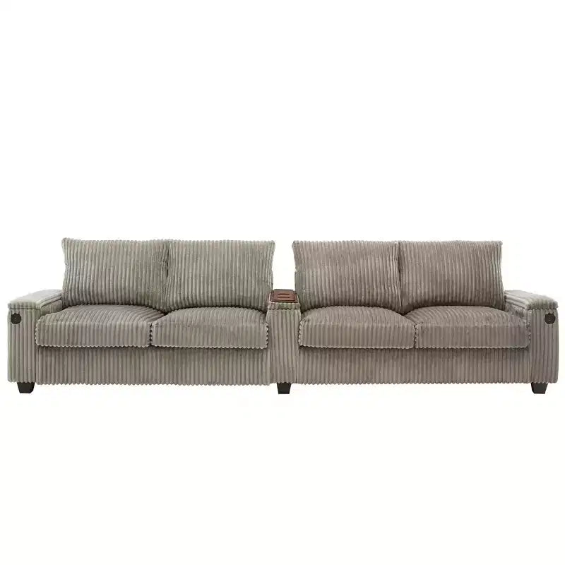 MAYEERTY 4 Seater Corduroy Sofa Couch 133 Modern Sofa with Ports Hidden Storage Arms Flip Top Cup Holders for Living Room Brown