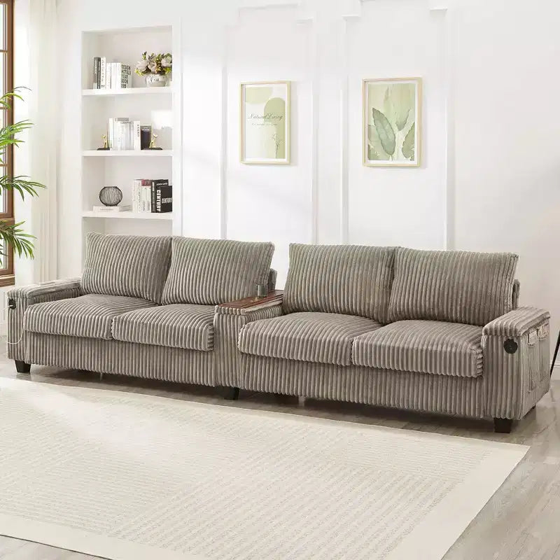 MAYEERTY 4 Seater Corduroy Sofa Couch 133 Modern Sofa with Ports Hidden Storage Arms Flip Top Cup Holders for Living Room Brown