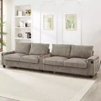 MAYEERTY 4 Seater Corduroy Sofa Couch 133 Modern Sofa with Ports Hidden Storage Arms Flip Top Cup Holders for Living Room Brown