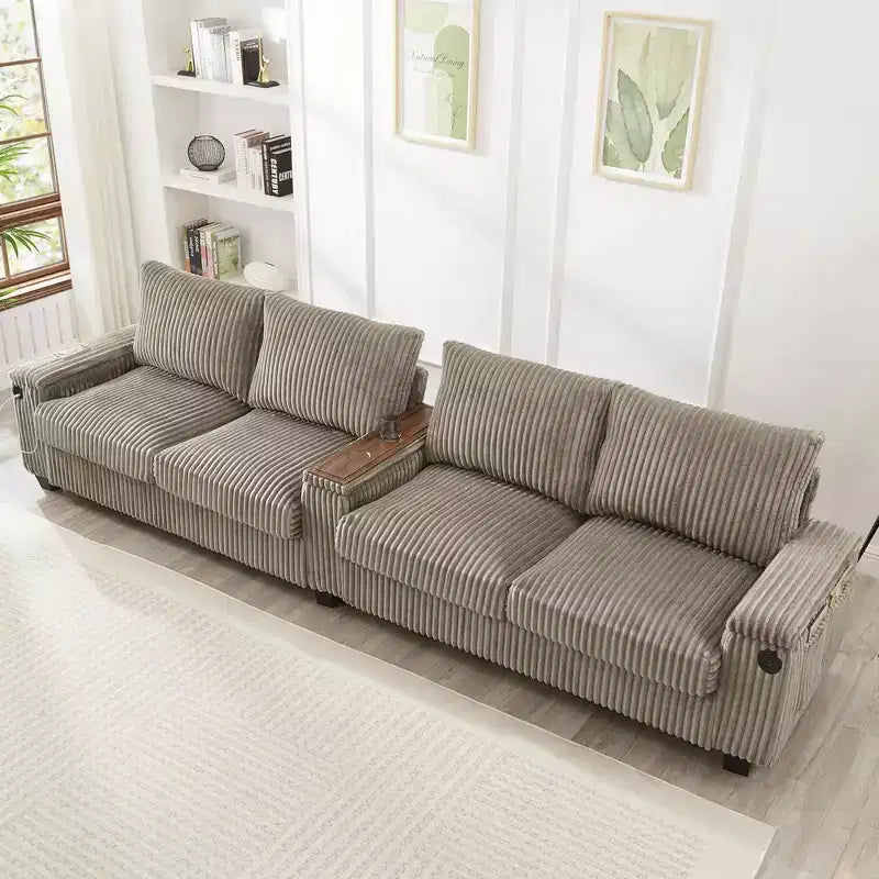 MAYEERTY 4 Seater Corduroy Sofa Couch 133 Modern Sofa with Ports Hidden Storage Arms Flip Top Cup Holders for Living Room Brown
